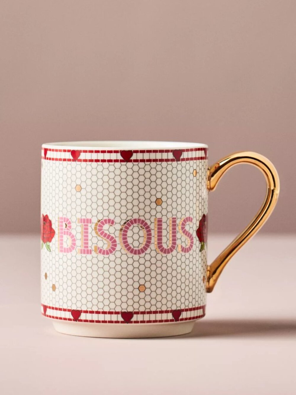 Anthropologie Valentine Bistro Tile Stoneware Mug Bisous Kisses New